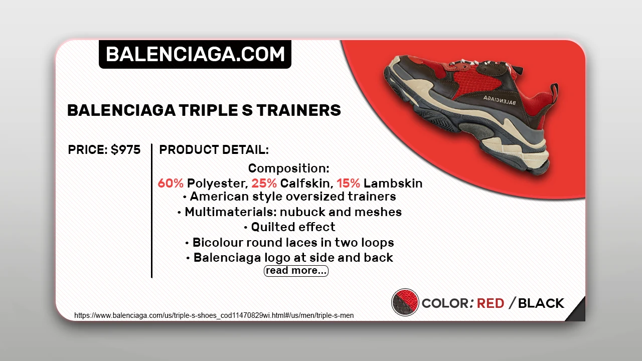 Product card for the Balenciaga Triple S trainers in red and black, with price and product details
